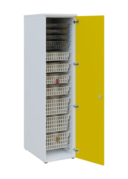 EUROMEDICA D - 46 skříň léková boxová, 1-dveřová, pravá, 1950x460x735, korpus bílý, dvířka žlutá odio